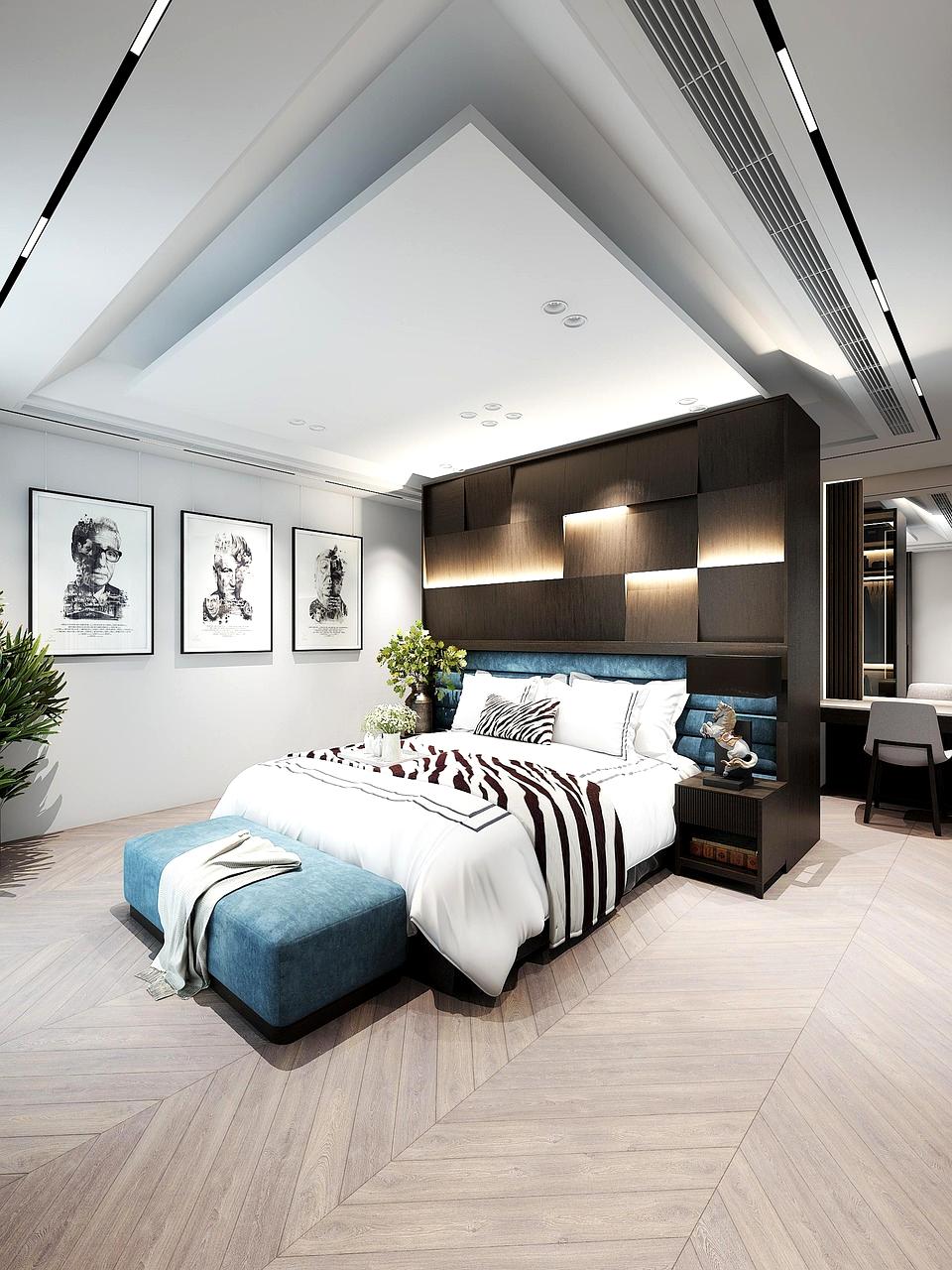 Bedroom softly lit with warm amber evening lights